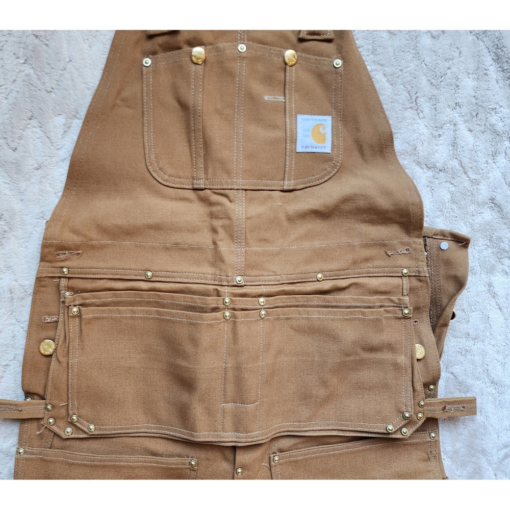 Vintage Carhartt 100 Year Anniversary Brown Duck Carpenter Bib Overalls 32x34 - Picture 3 of 9